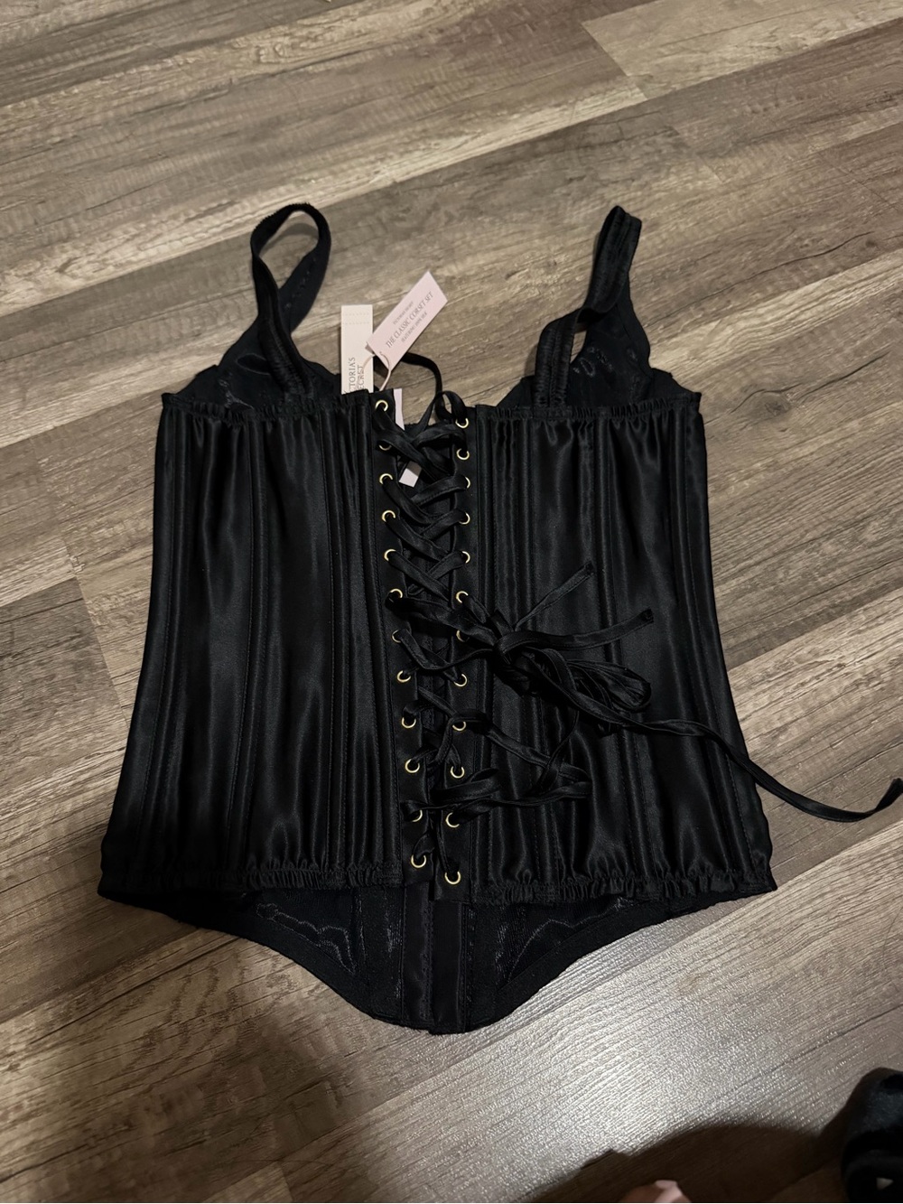 Victoria's Secret Black Satin Lace-Up Corset Camisole Top